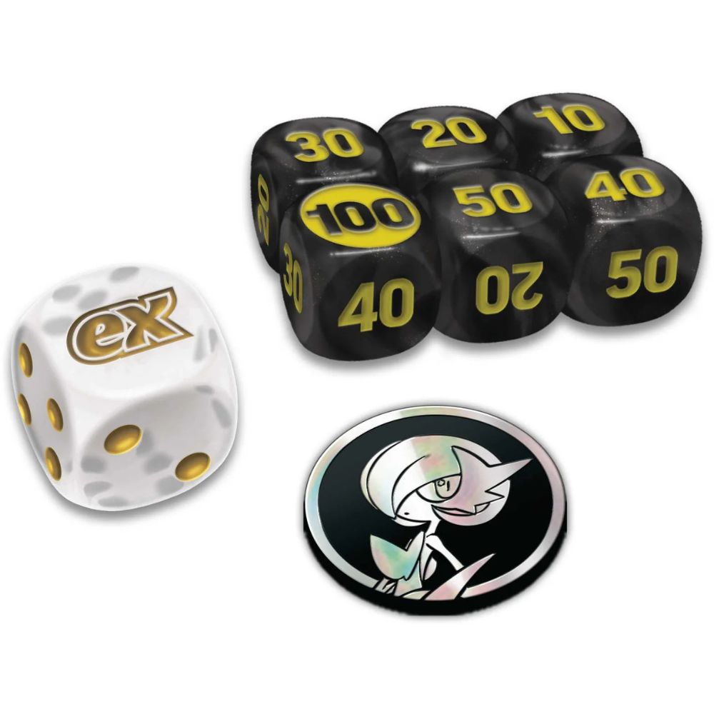 Pokemon TCG: Mega Evolution Elite Trainer Box - Gardevoir contents: Damage counter and coin