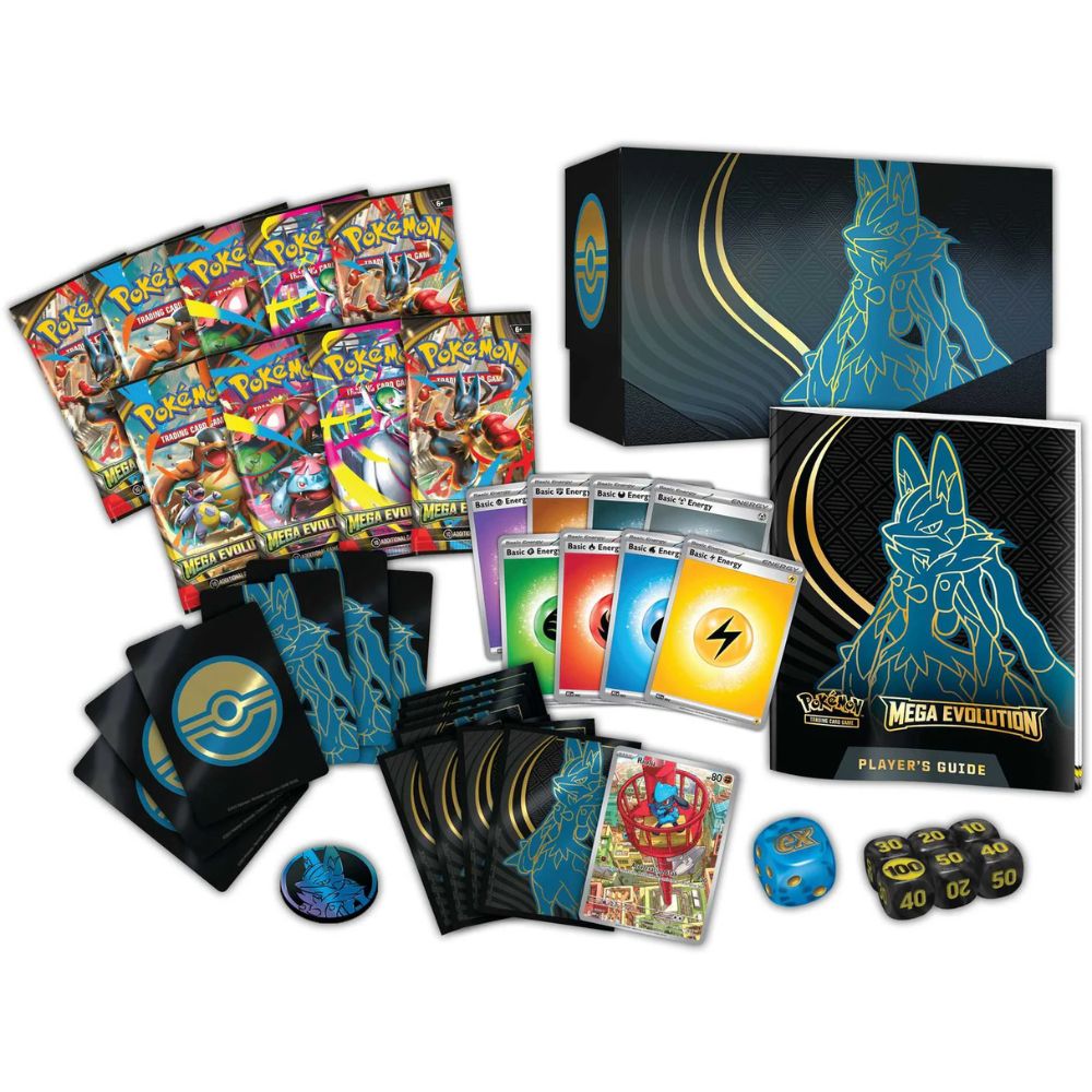 Pokemon TCG: Mega Evolution Elite Trainer Box - Lucario Contents: Booster packs, Sleeves, Storage box, Promo card, Damage counters, Coin, Energy cards, Dividers