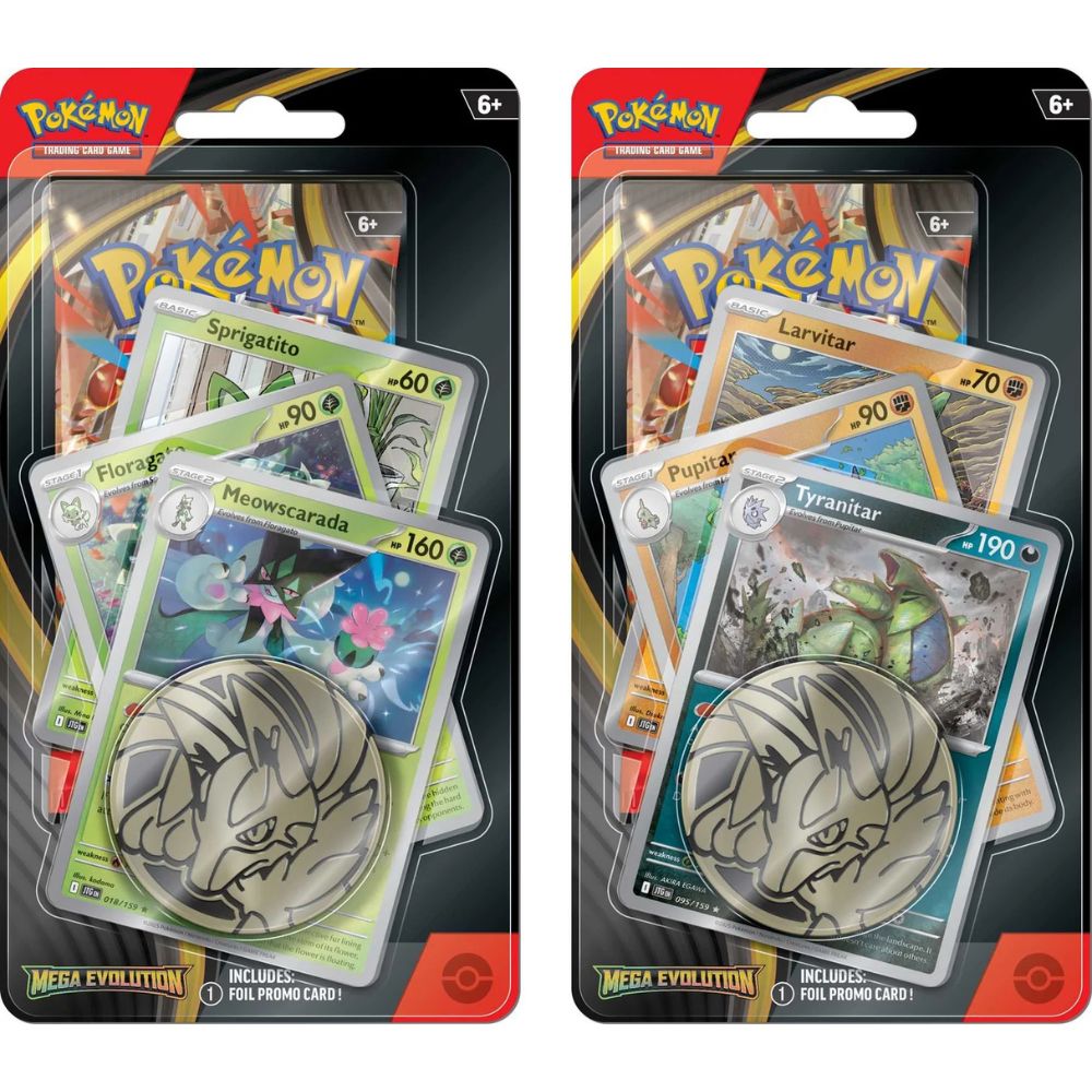 Pokemon TCG: Mega Evolution Premium Checklane Displays Meowscarda and Tyranitar Promos