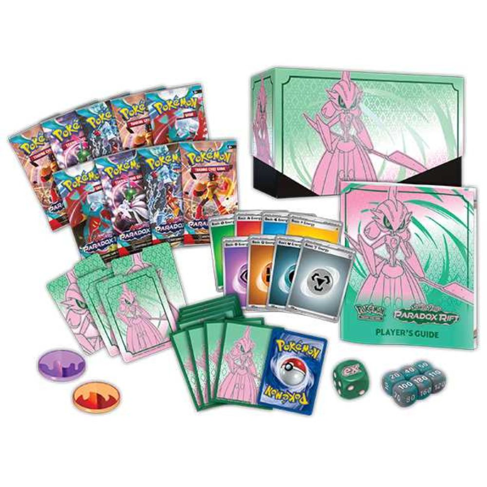 Pokemon TCG: Scarlet and Violet 4 Paradox Rift Iron Valiant Elite Trainer Box Contents: Booster Packs, Sleeves, Energy cards, Coins, Damage Counters, Player's Guide