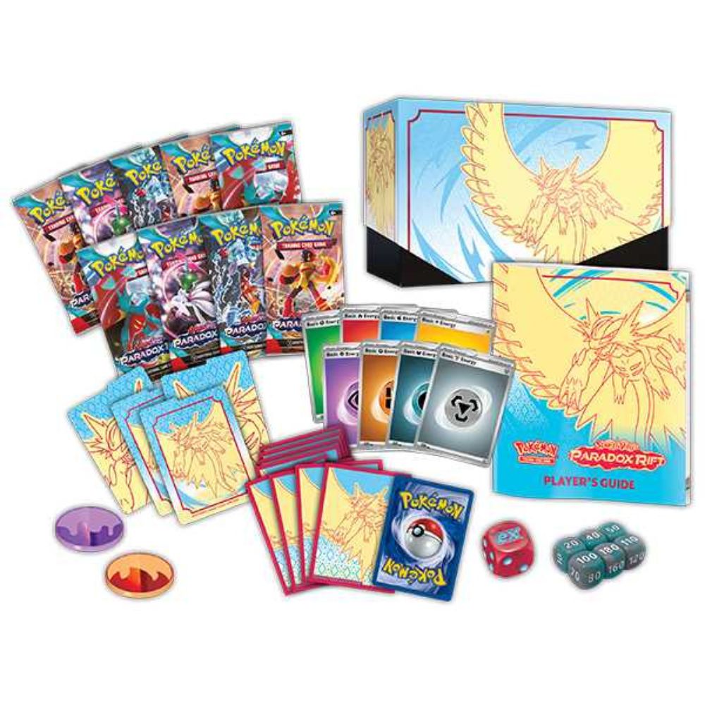 Pokemon TCG: Scarlet and Violet 4 Paradox Rift Roaring Moon Elite Trainer Box Contents: Booster Packs, Sleeves, Energy cards, Coins, Damage Counters, Player's Guide