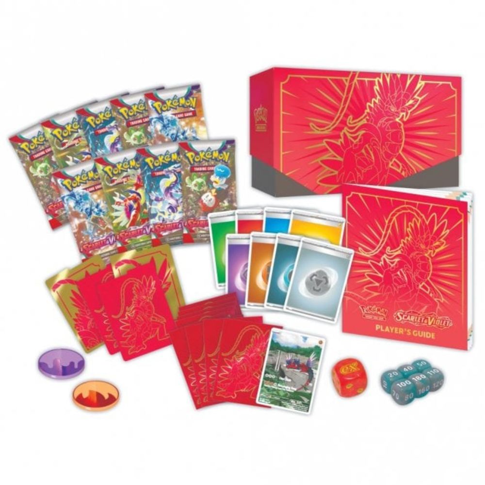 Scarlet and Violet 1 Elite Trainer Box - Koraidon Contents: Booster Packs, Player Guide, Coins, Dice, Damage Counters, Sleeves, Dividers and Promo Card