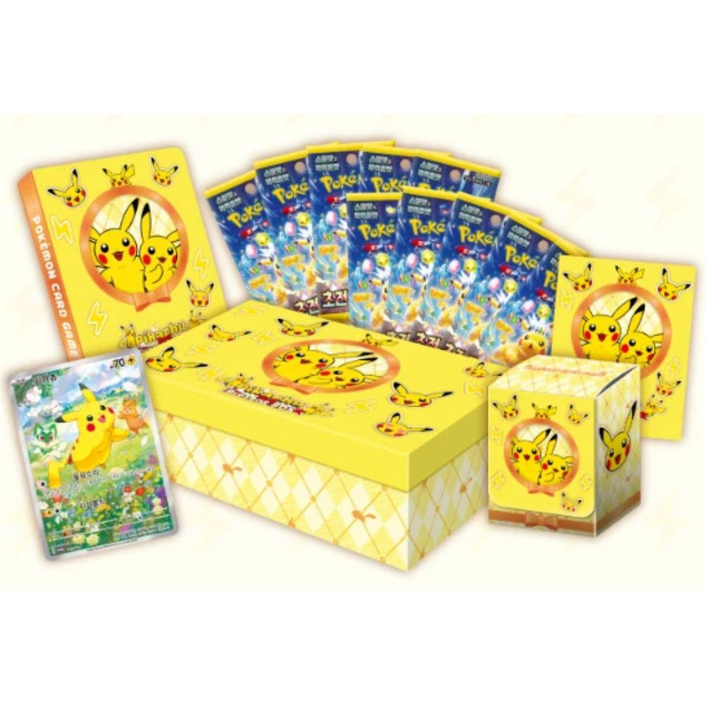 Pokemon TCG: Korean Pikachu Present Box Contents: Booster Packs, Binder, Pikachu Promo Card, Deck Box and Sticker Sheet