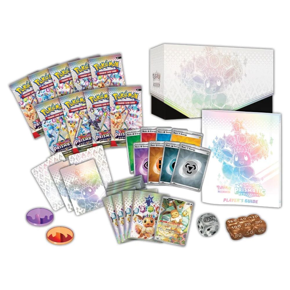Pokemon TCG: Scarlet and Violet 8.5 Prismatic Evolutions Elite Trainer Box Contents: Booster Packs, Player Guide, Coins, Dice, Damage Counters, Sleeves, Dividers and Promo Card