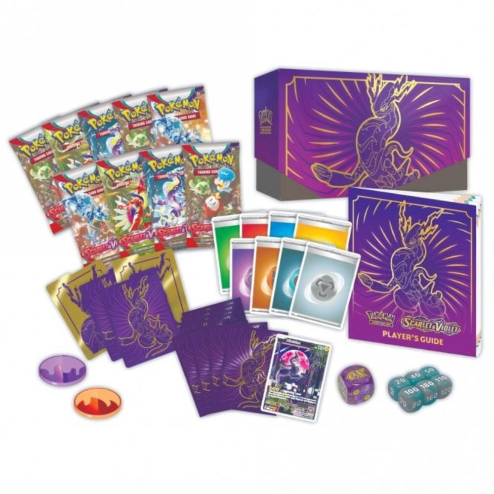 Scarlet and Violet 1 Elite Trainer Box - Miraidon Contents: Booster Packs, Player Guide, Coins, Dice, Damage Counters, Sleeves, Dividers and Promo Card