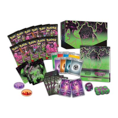 Scarlet and Violet 6.5 Shrouded Fable Elite Trainer Box Contents: Booster Packs, Player Guide, Coins, Dice, Damage Counters, Sleeves, Dividers and Promo Card