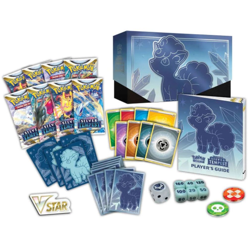 Pokemon TCG: Silver Tempest Elite Trainer Box Contents: Booster Packs, Player Guide, Coins, Dice, Damage Counters, Sleeves and Divider