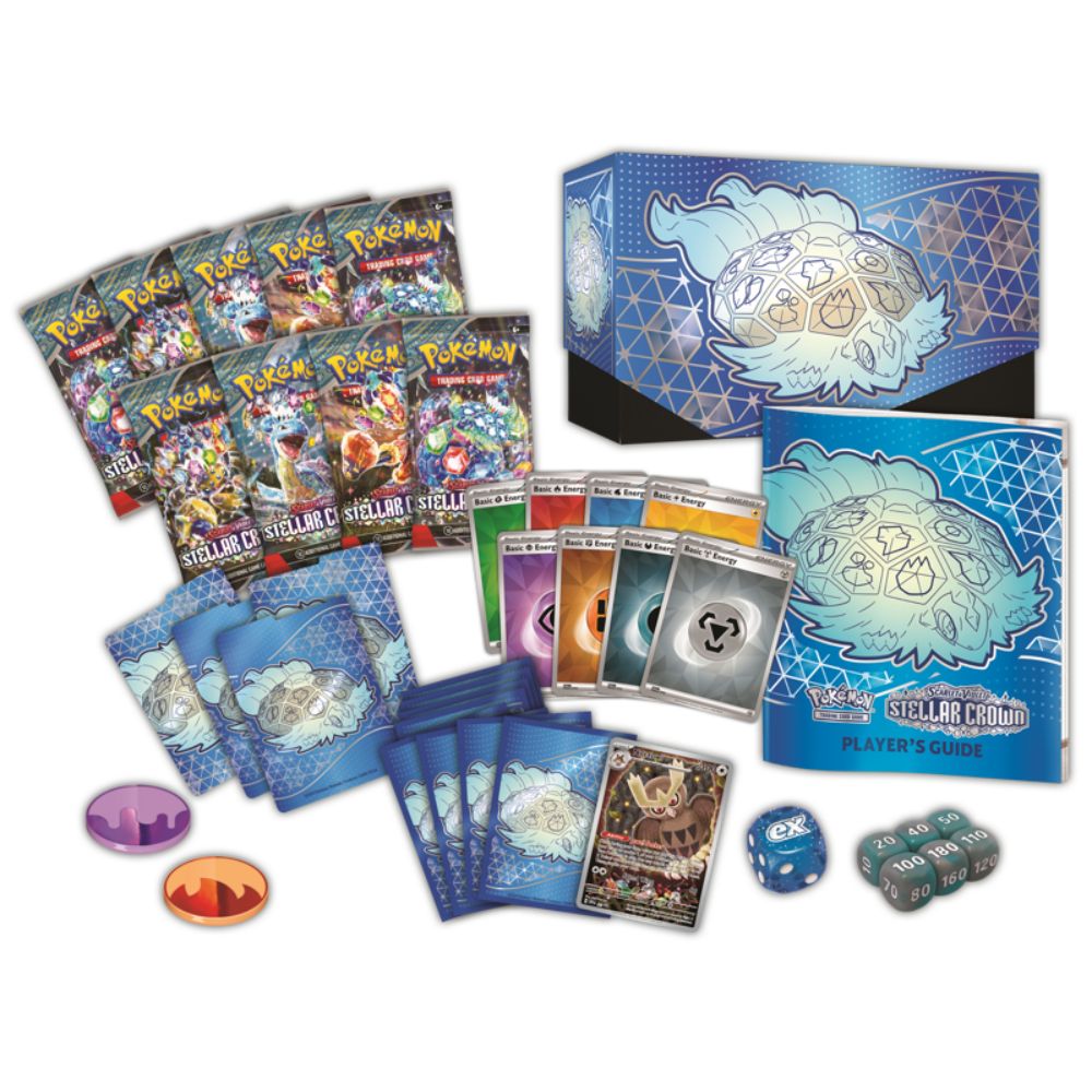 Scarlet and Violet 7 Stellar Crown Elite Trainer Box Contents: Booster Packs, Player Guide, Coins, Dice, Damage Counters, Sleeves, Dividers and Promo Card