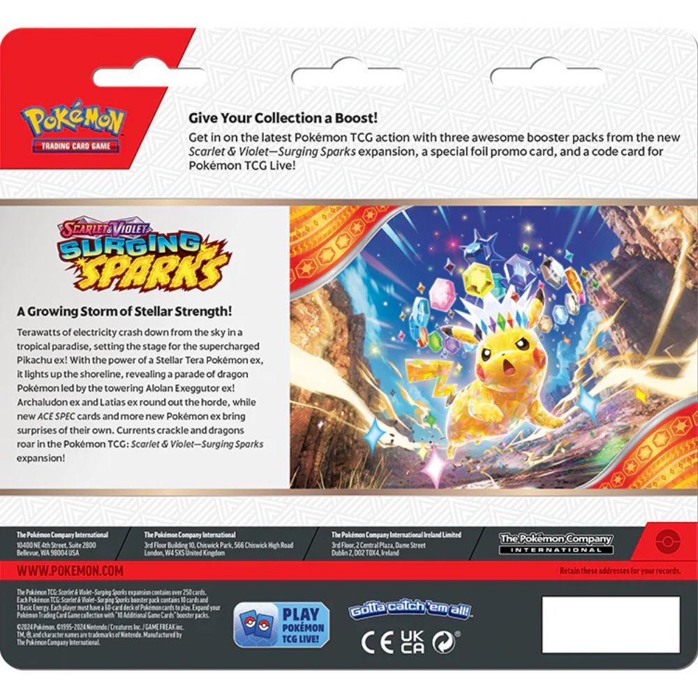 Pokemon TCG: Scarlet and Violet 8 Surging Sparks 3 Pack Blister Back of Blister Pack