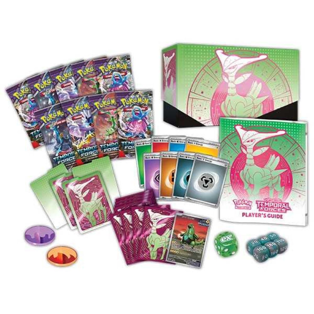 Pokemon TCG: Scarlet and Violet 5 Temporal Forces Iron Leaves Elite Trainer Box Contents: Booster Packs, Sleeves, Energy Cards, Coins, Damage Counters, Player's Guide