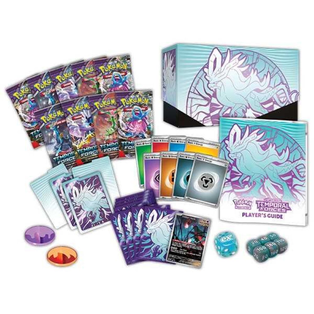Pokemon TCG: Scarlet and Violet 5 Temporal Forces Walking Wake Elite Trainer Box Contents: Booster Packs, Sleeves, Energy Cards, Coins, Damage Counters, Player's Guide