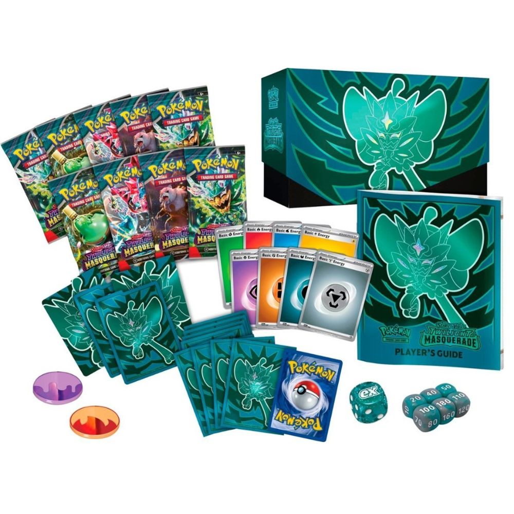 Pokemon TCG: Scarlet and Violet 6 Twilight Masquerade Elite Trainer Box Contents: Booster Packs, Sleeves, Energy Cards, Coins, Damage Counters, Player's Guide