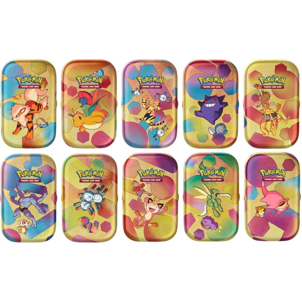 Pokemon TCG: Scarlet and Violet 3.5 151 Mini Tins Artwork featuring Arcanine & Omanyte, Dragonite & Vileplume, Electabuzz & Magnemite, Gengar & Poliwag, Kadabra & Hitmonlee, Machamp & Cubone, Magneton & Ekans, Meowth & Hitmonchan, Scyther & Weezing and Slowpoke & Sandshrew