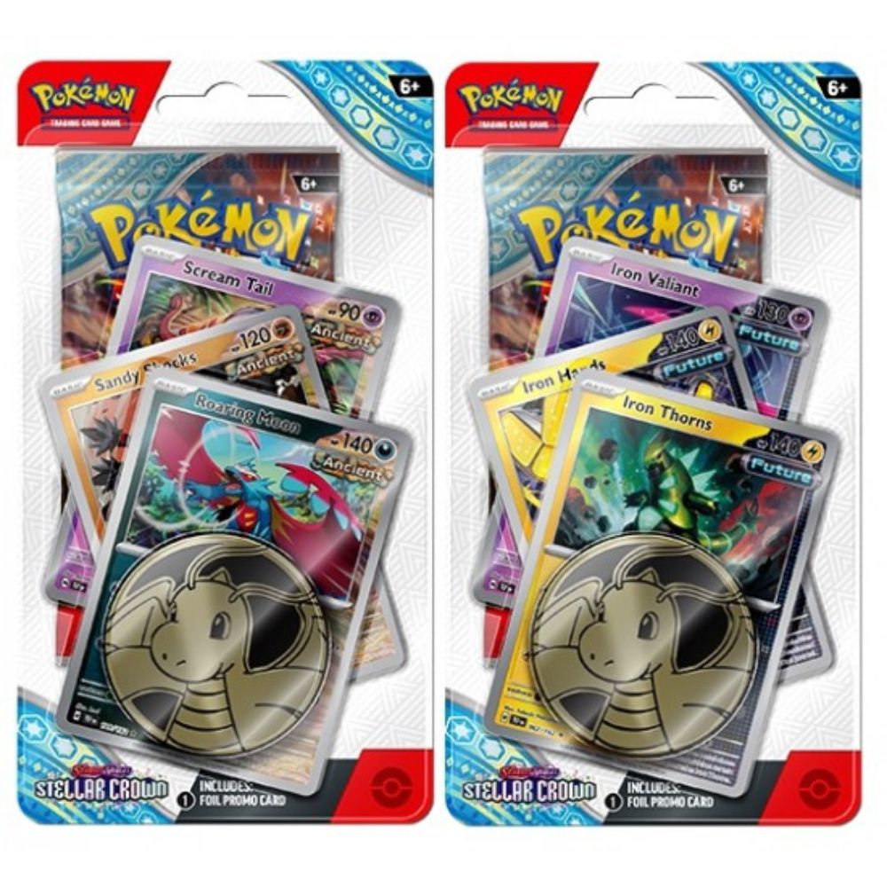 Pokemon TCG: Scarlet and Violet 7 Stellar Crown Premium Checklane Display Roaring Moon and Iron Thorns Promo Cards