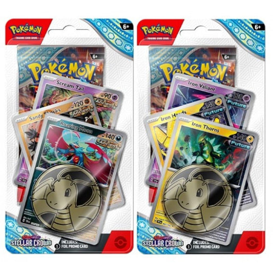 Pokemon TCG: Scarlet and Violet 7 Stellar Crown Premium Checklane Display Roaring Moon and Iron Thorns Promo Cards