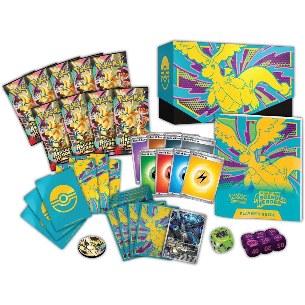 Pokemon TCG: Mega Evolution Ascended Heroes Elite Trainer Box Contents: Booster packs, sleeves, promo card, coin, damage counters, player's guide, storage box