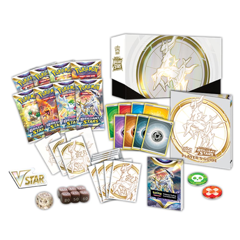 Pokemon TCG: Brilliant Stars Elite Trainer Box Contents: Booster Packs, Player Guide, Coins, Dice, Damage Counters, Sleeves and Divider