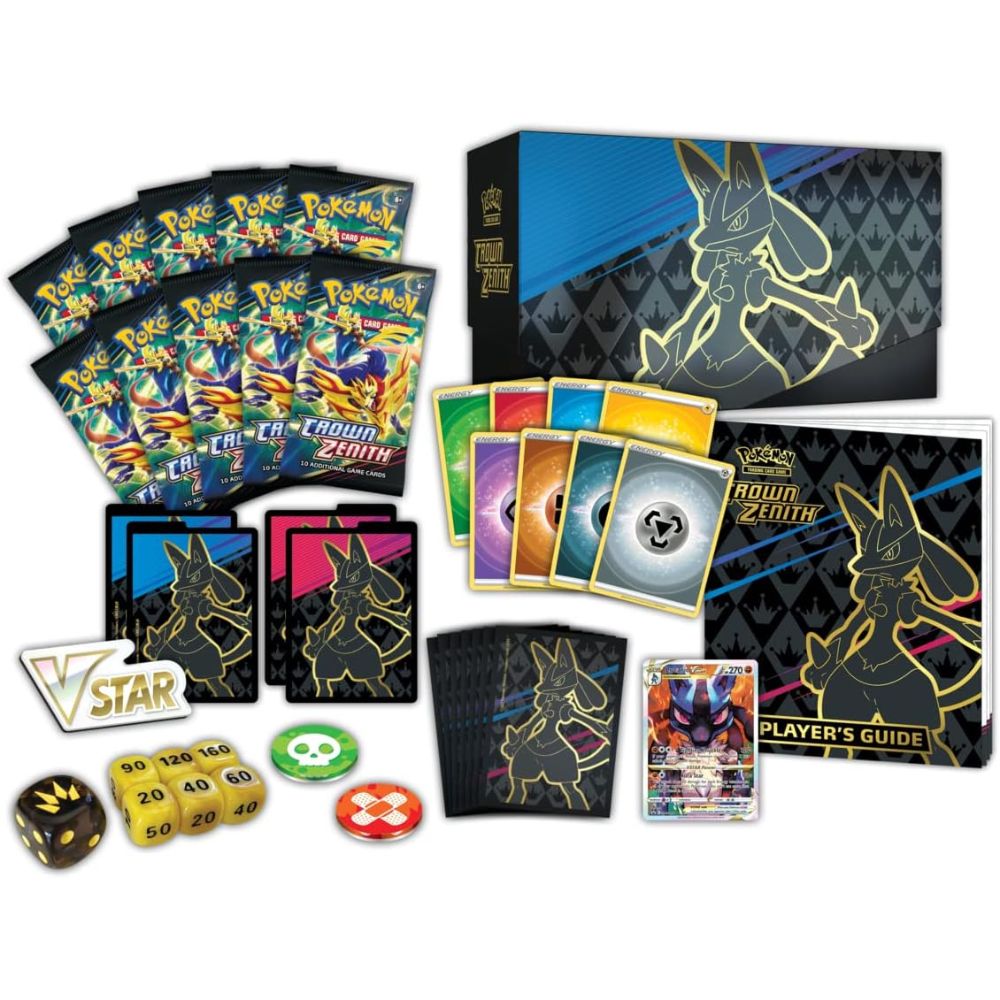Pokémon TCG: Crown Zenith Elite Trainer Box Contents: Booster Packs, Player Guide, Coins, Dice, Damage Counters, Sleeves, Dividers and Promo Card