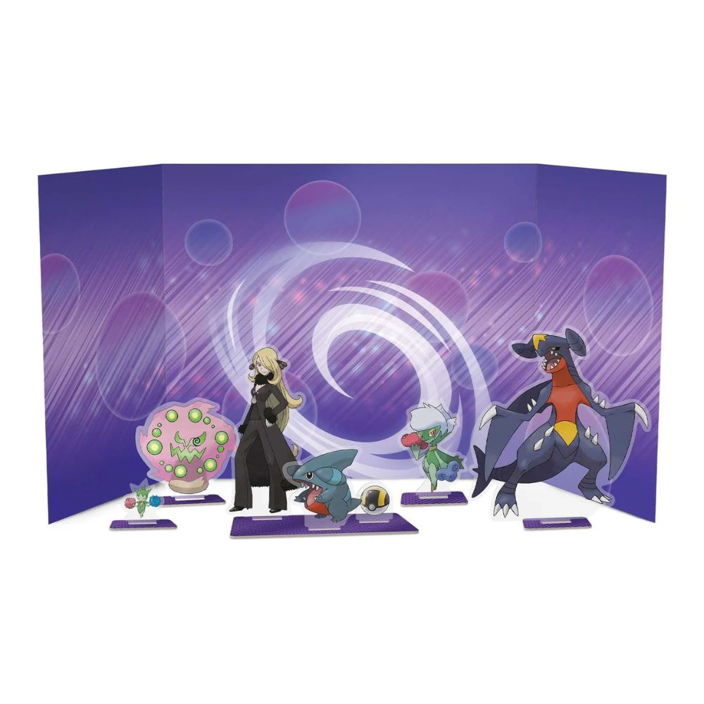 Pokemon TCG: Cynthia's Garchomp ex Premium Collection Backdrop Display and Acrylic Standees Featuring Cynthia, Garchomp, and more