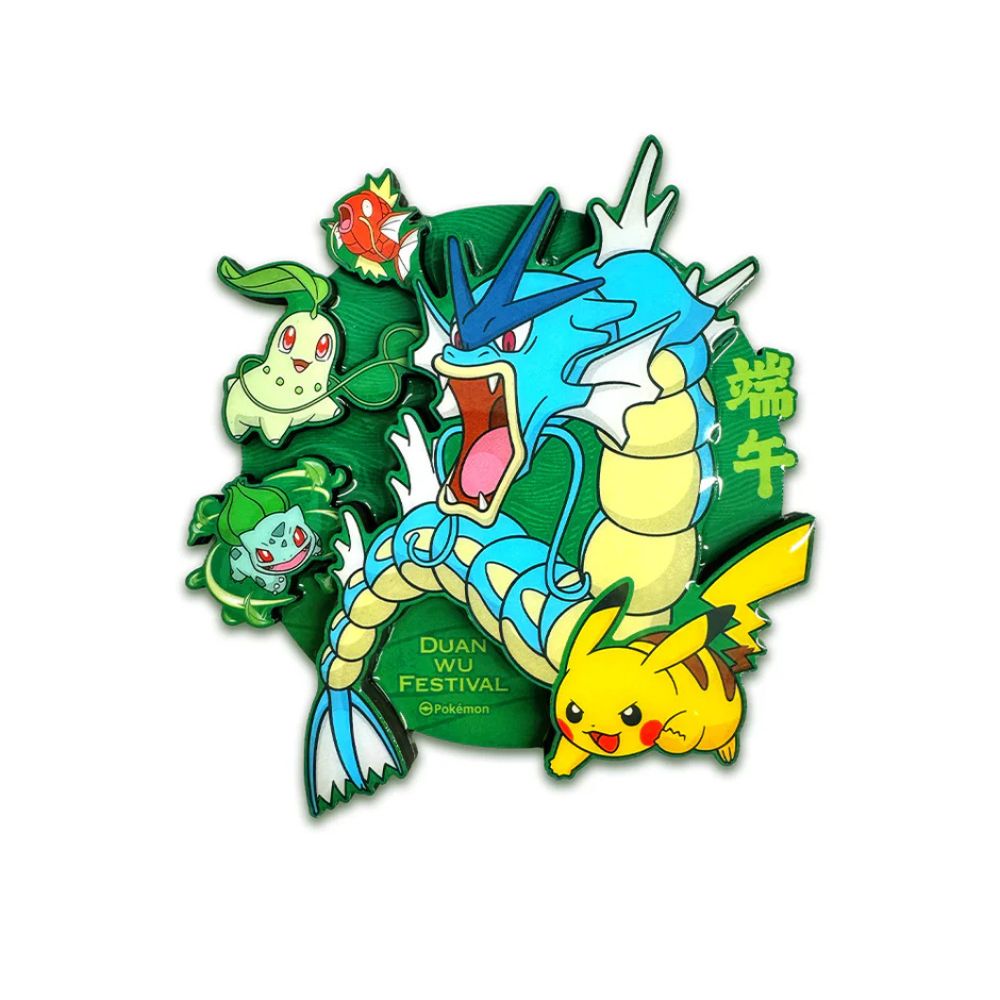 Dragon Boat Festival–themed magnet featuring Pikachu, Gyarados, Bulbasaur, Magikarp, and Chikorita