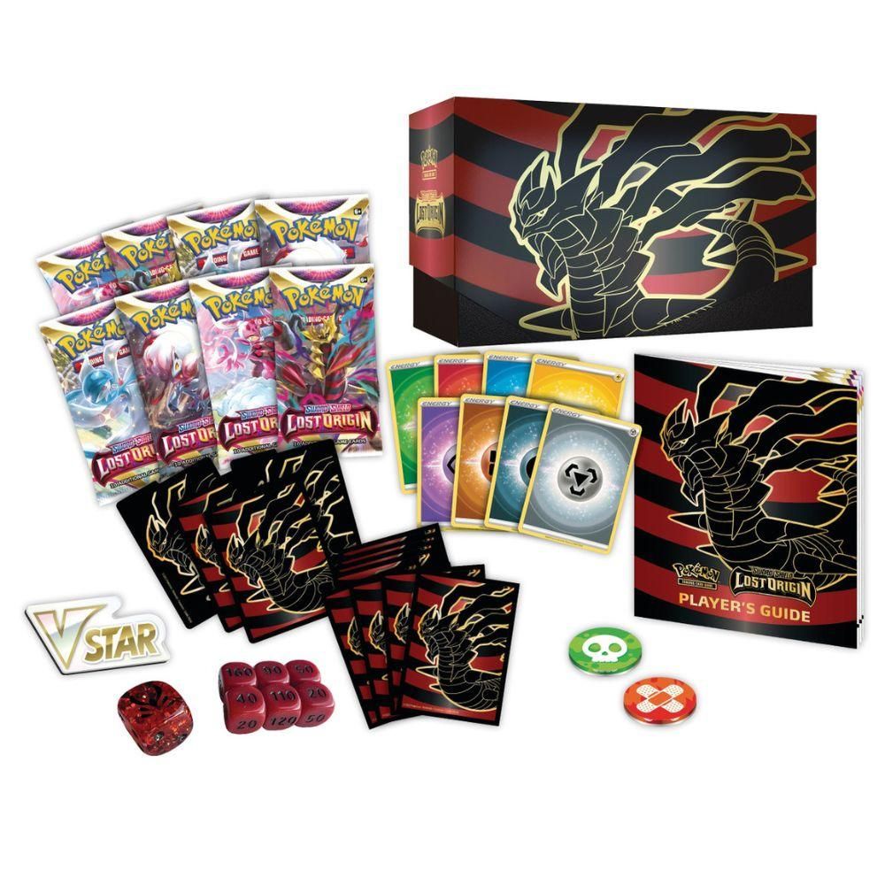 Pokemon TCG: Lost Origin Elite Trainer Box Contents: Booster Packs, Player Guide, Coins, Dice, Damage Counters, Sleeves and Divider