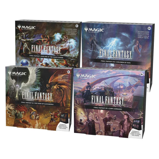 Magic: The Gathering - Final Fantasy Holiday Scene Boxes - Final Fantasy - Garland of the Chaos Shrine, Final Fantasy VIII - Children of Fate, Final Fantasy IX - The Siege of Alexandria and Final Fantasy XV - Camp Comrades