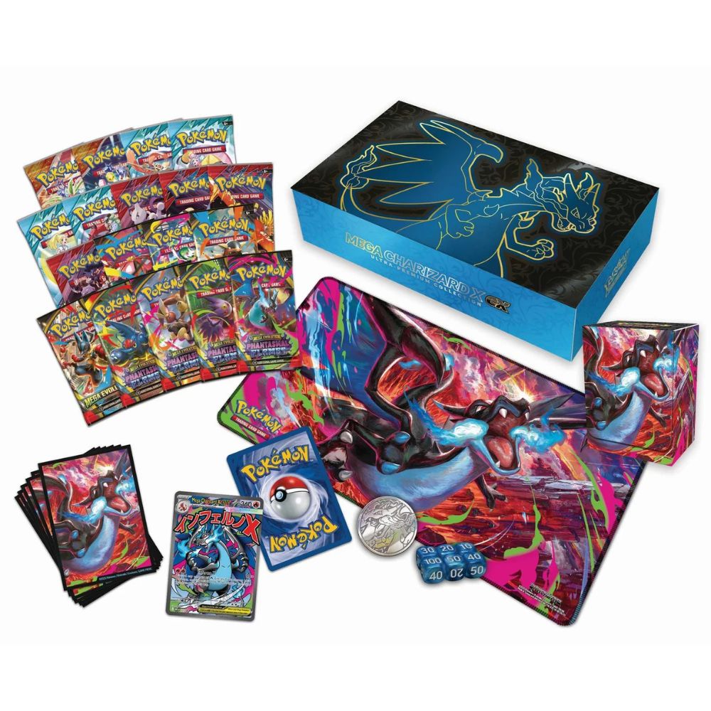 Pokemon TCG: Mega Charizard Ultra-Premium Collection (UPC) Contents: Booster Packs, Sleeves, Promo card featuring Mega Charizard, Playmat, Deck Box, Coin and Damage Counters