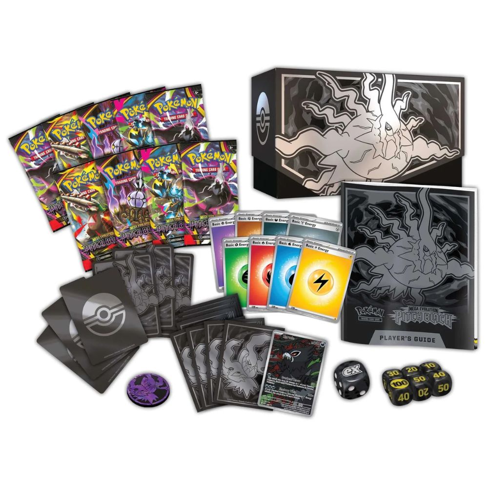 Pokemon TCG: Mega Evolution Pitch Black Elite Trainer Box Contents - Booster Packs, Player's guide, dice promo card featuring Zarude, dividers and sleeves
