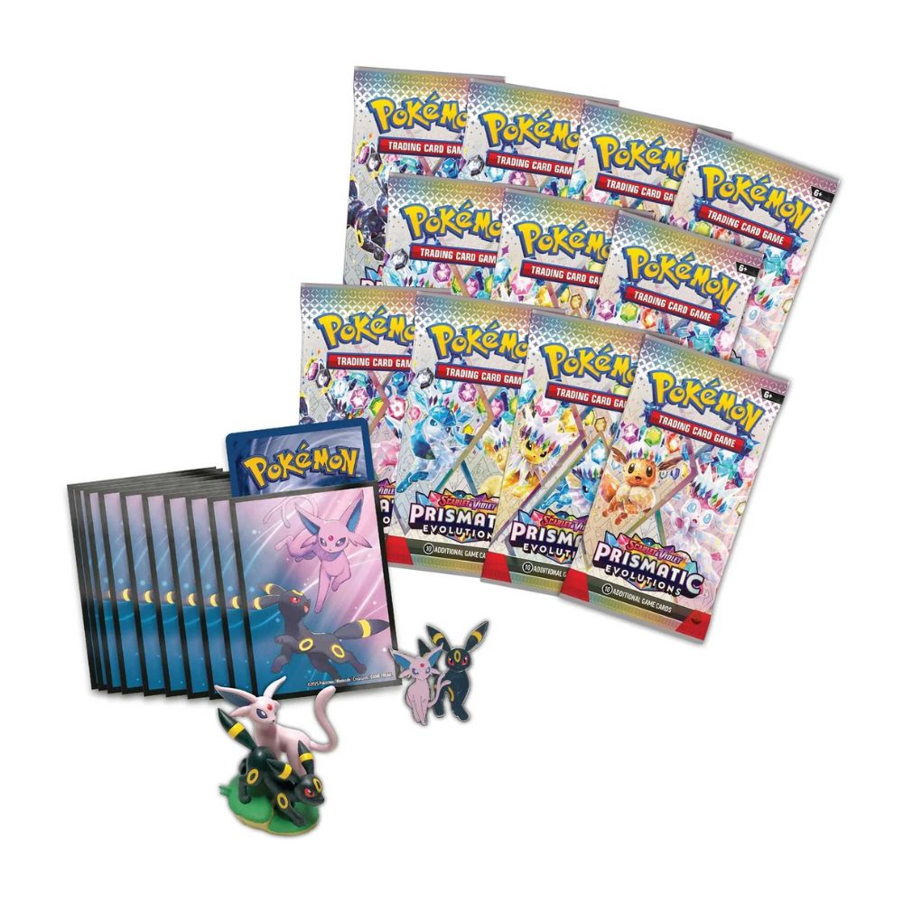 Pokemon TCG: Scarlet & Violet 8.5 Prismatic Evolutions Premium Figure collection contents: 11x Prismatic Evolutions booster packs, 65x Sleeves, pin and a figure featuring Espeon and Umbreon