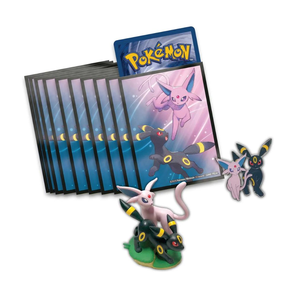 Pokemon TCG: Scarlet & Violet 8.5 Prismatic Evolutions Premium Figure collection contents: 65x Sleeves, pin and a figure all featuring Espeon and Umbreon