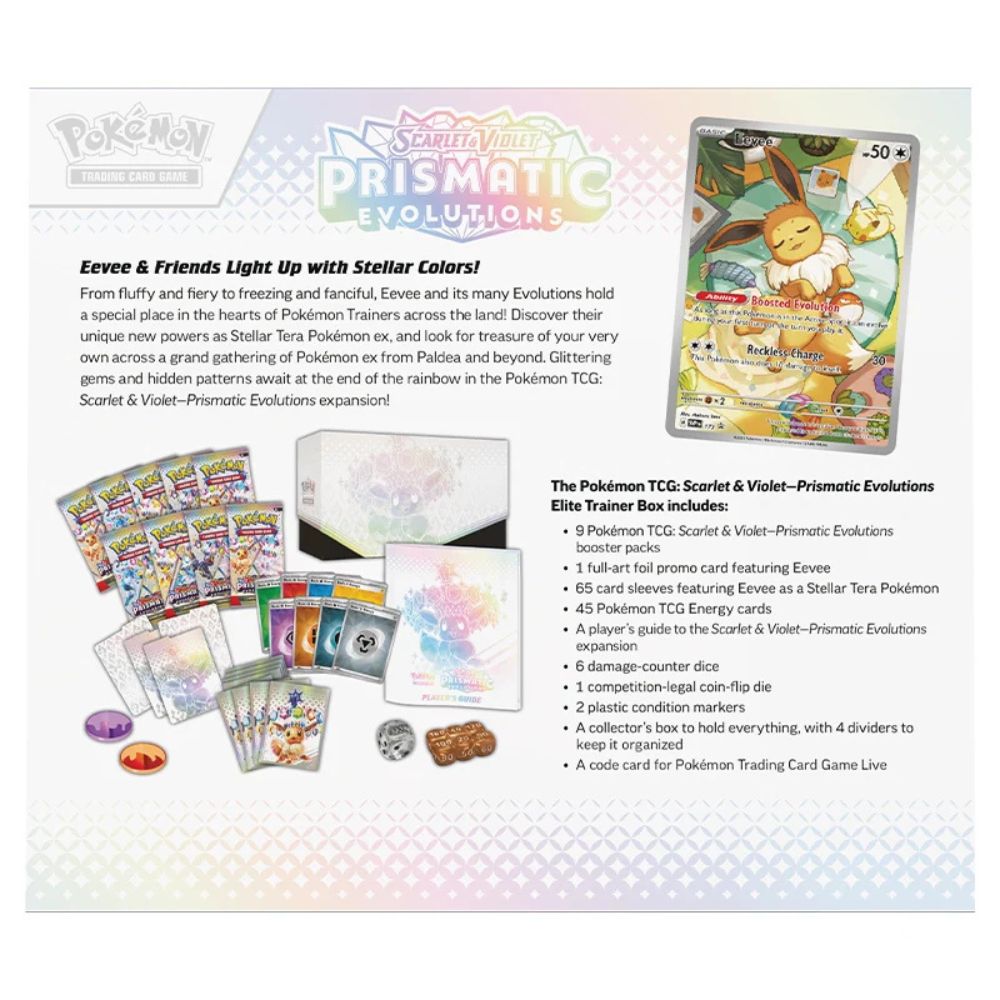 Pokemon TCG: Scarlet and Violet 8.5 Prismatic Evolutions Elite Trainer Box Back