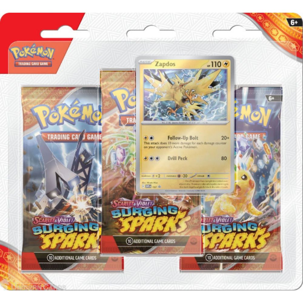 Pokemon TCG: Scarlet and Violet 8 Surging Sparks 3 Pack Blister Zapdos Promo Card